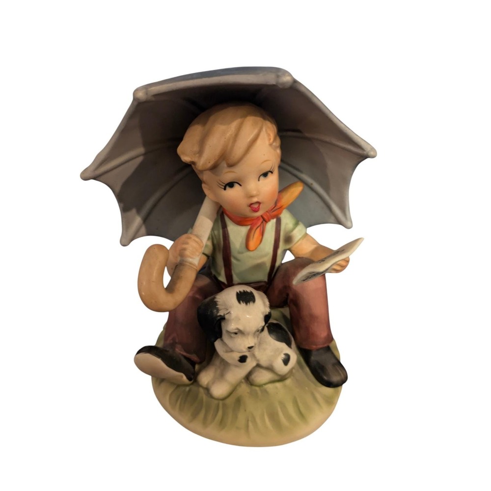 Vintage 1960 Napco Singing in the Rain Boy Dog Ceramic Figurine C4830 Japan